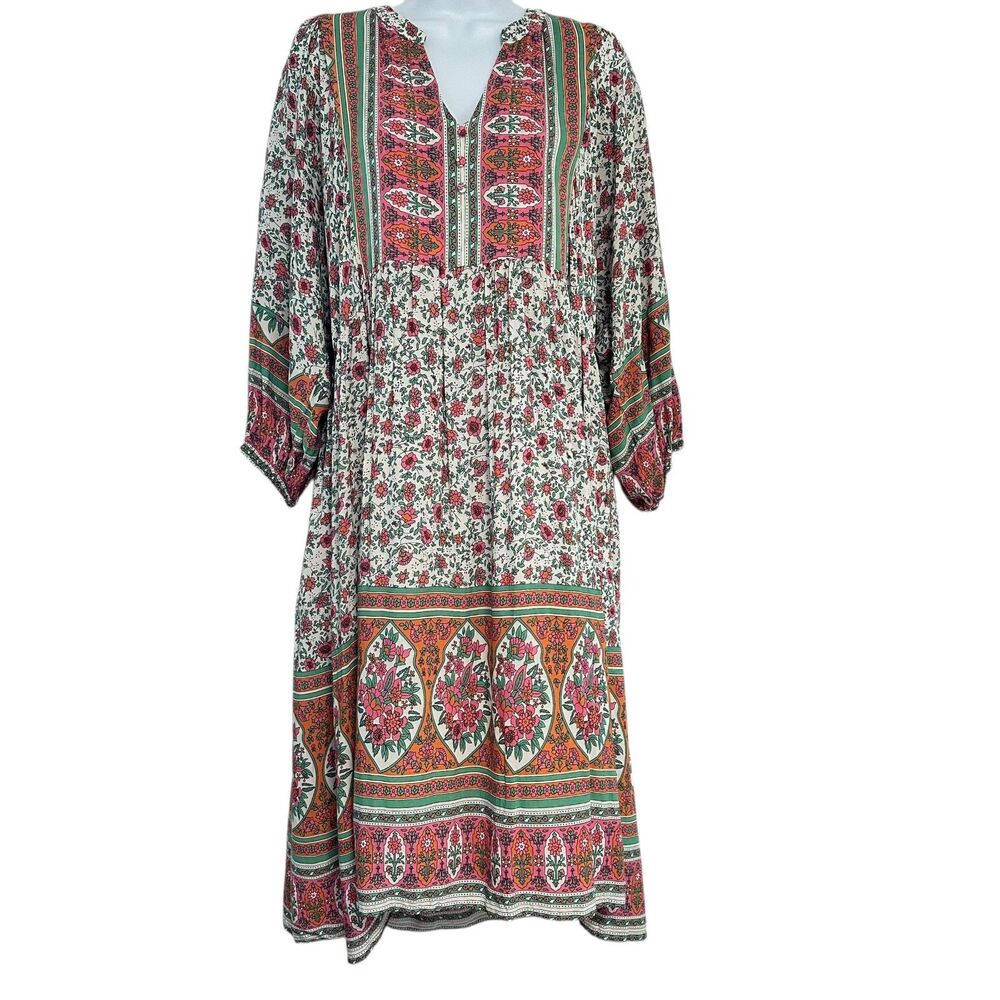JODIFL Floral Boho V-Neck Babydoll Midi Dress Size L